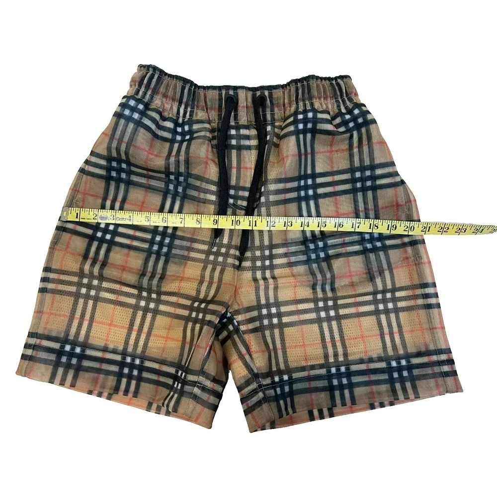 New Burberry Men's Swim Short Iconic Plaid Sheer Over Tan Mesh Pullon Pockets XS